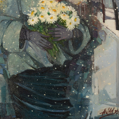 Artistic depiction of a person holding flowers in a snowy setting