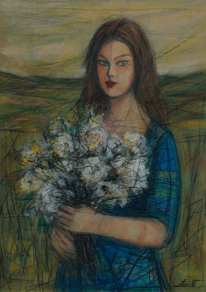 Artistic depiction of a woman holding flowers with a stylized background