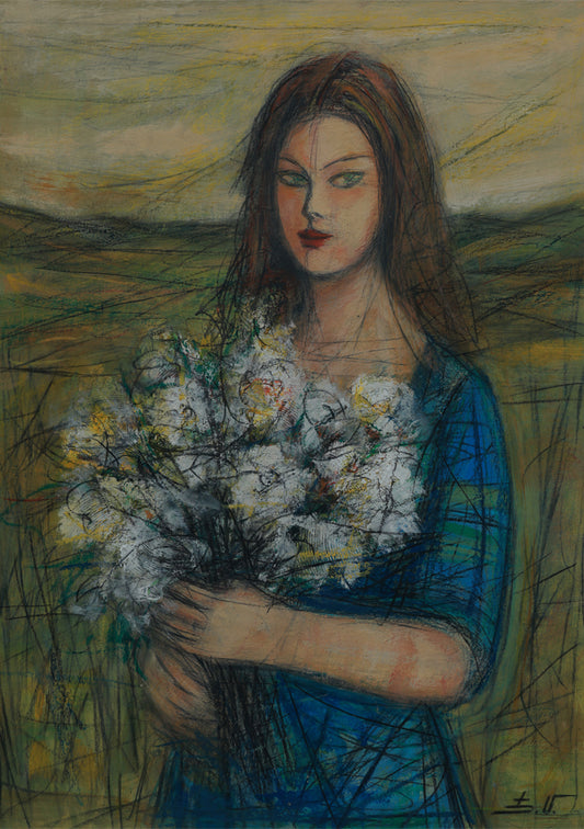 Artistic depiction of a woman holding flowers with a stylized background