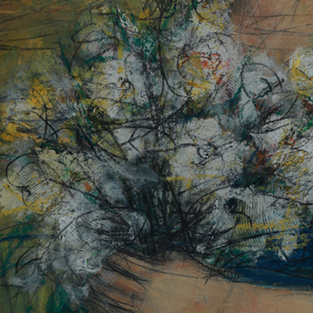 Abstract painting with a central vase and flowers