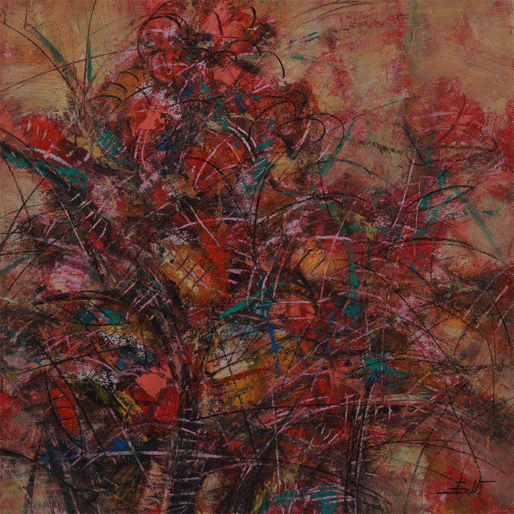 Abstract artwork with vibrant colors and brush strokes on a textured surface
