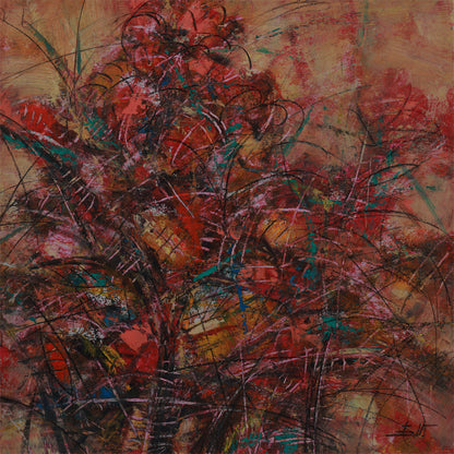Abstract artwork with vibrant colors and brush strokes on a textured surface