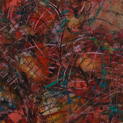 Abstract artwork with a mix of red, brown, and green colors.