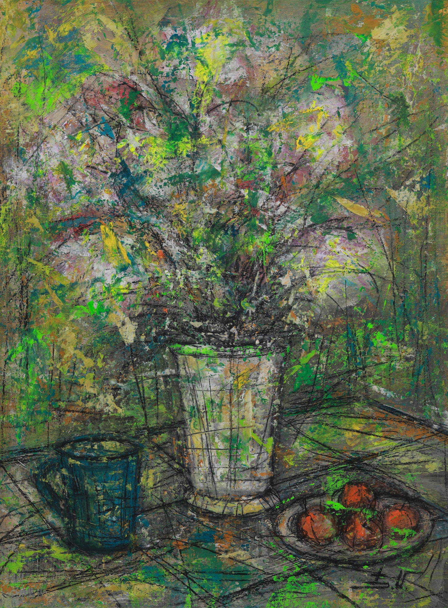 Abstract painting of a vase with flowers on a table