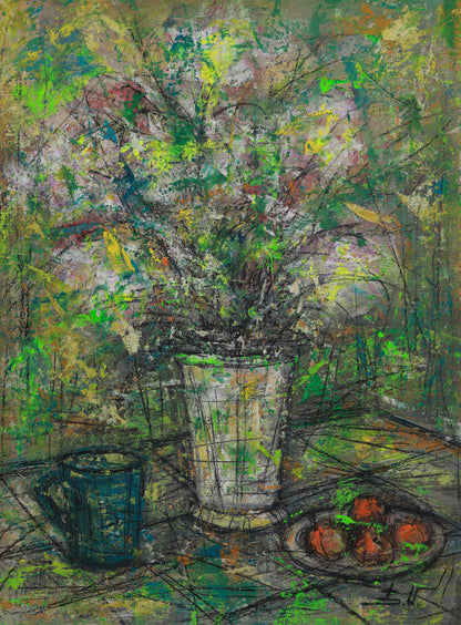 Abstract painting of a vase with flowers on a table