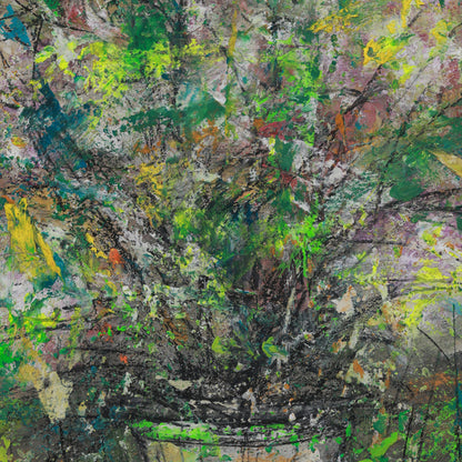 Abstract art with a mix of green, yellow, and brown colors