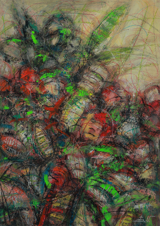 Abstract artwork with a mix of red, green, and brown colors.