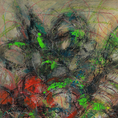 Abstract artwork with a mix of green, red, and brown colors.