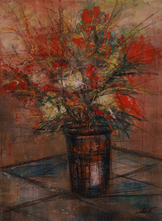 Abstract painting of a vase with flowers on a textured surface