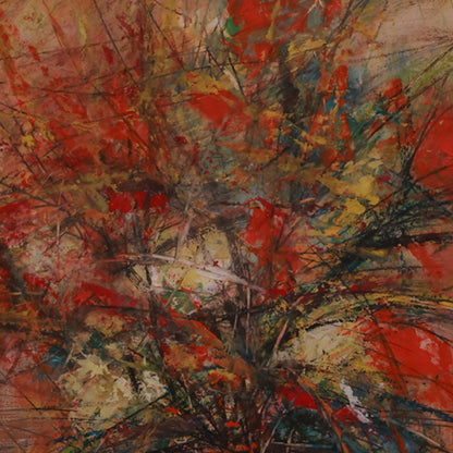 Abstract painting with a mix of red, orange, and brown colors.