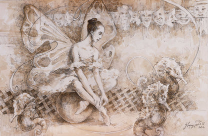 Artistic depiction of a fairy with seahorses on a textured background