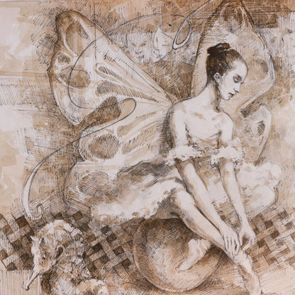 Artistic depiction of a fairy with large wings sitting on a sphere, with a textured brown background.