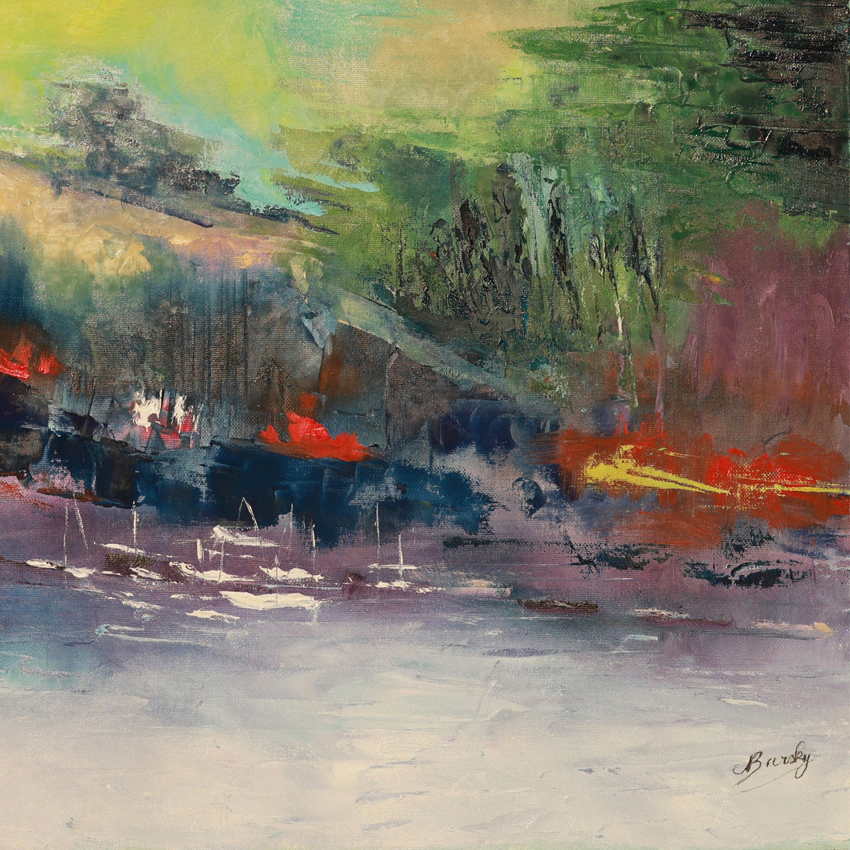 Abstract painting of a landscape with colorful brushstrokes