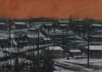 Winter landscape with snow-covered houses and bare trees under an orange sky.
