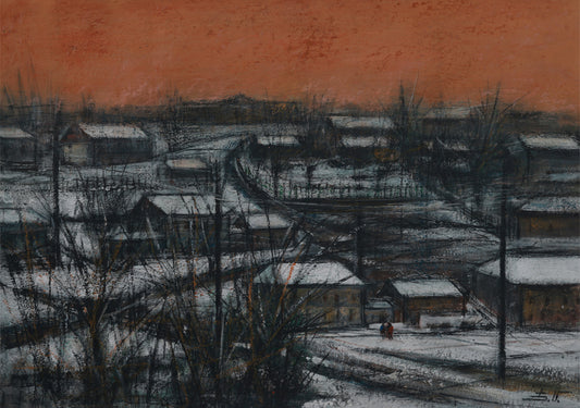 Winter landscape with snow-covered houses and bare trees under an orange sky.