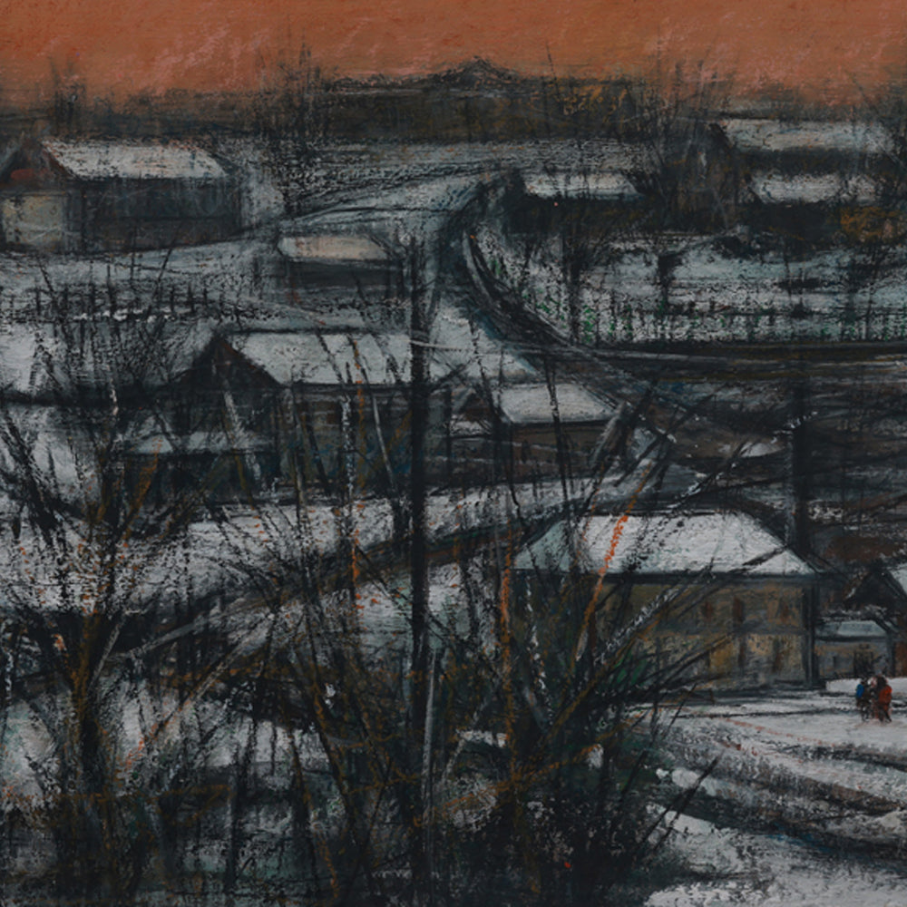 Artistic depiction of a snowy village scene with houses and bare trees.