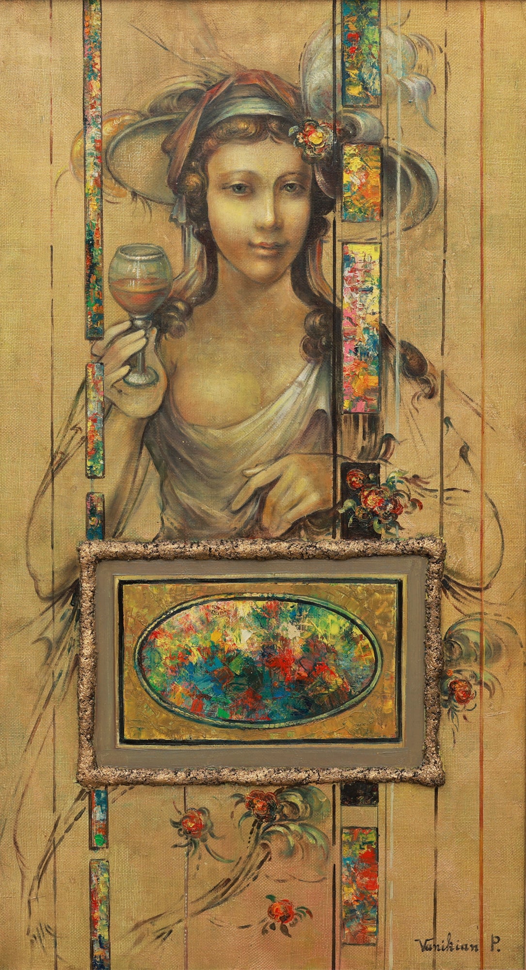 Artistic depiction of a woman holding a glass, with floral elements and decorative frame.