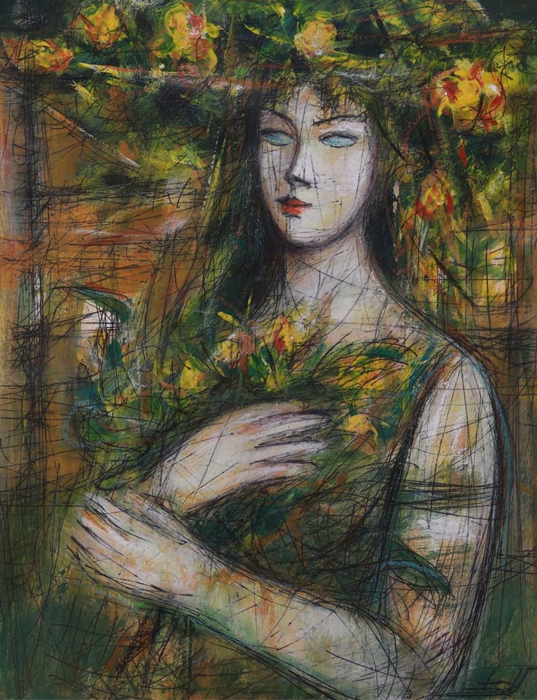 Artistic depiction of a woman with flowers融入自然