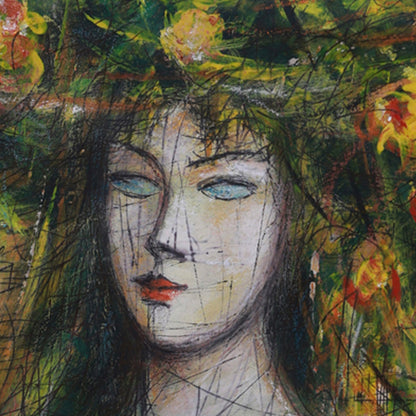 Abstract artwork of a face with a floral background