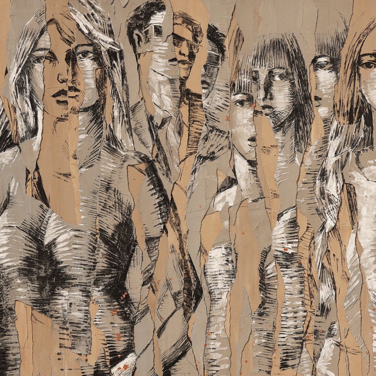 A detail shot of an expressive mixed media painting featuring a group of human figures emerging through layered vertical strips of muted browns and grays. The composition blends realistic portraiture with collage-like abstraction, as if the figures are breaking through or dissolving into the background. Created with textured brushwork and paper-like layering, the artwork explores themes of identity, fragmentation, and collective presence in a raw, contemporary style.
