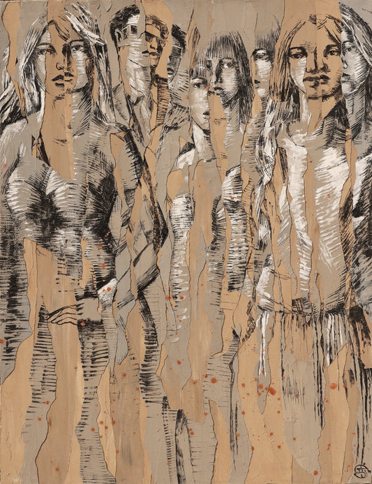 Expressive mixed media painting featuring a group of human figures emerging through layered vertical strips of muted browns and grays. The composition blends realistic portraiture with collage-like abstraction, as if the figures are breaking through or dissolving into the background. Created with textured brushwork and paper-like layering, the artwork explores themes of identity, fragmentation, and collective presence in a raw, contemporary style.