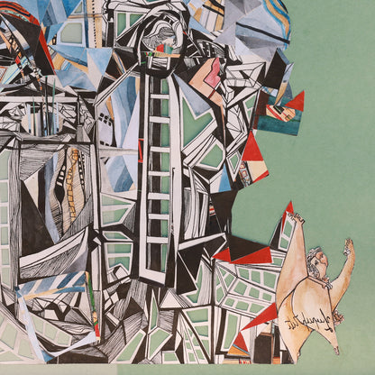 A detail shot of an abstract artwork with geometric shapes and figures on a green background