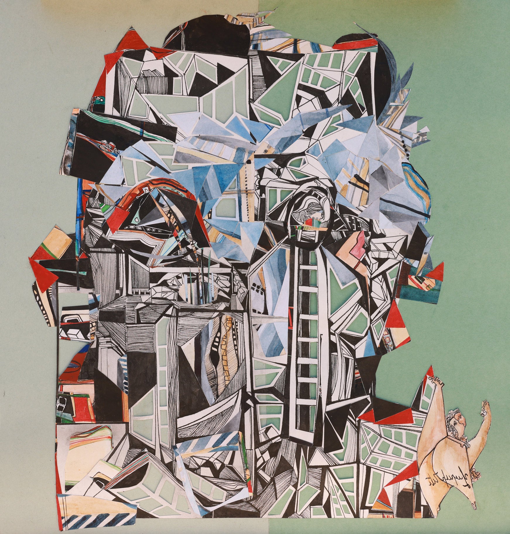 Abstract art piece with geometric shapes and a green background