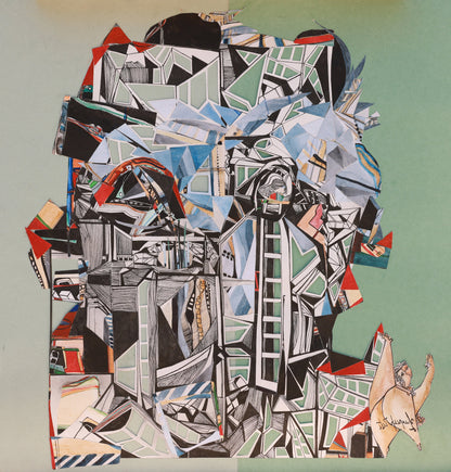 Abstract art piece with geometric shapes and a green background