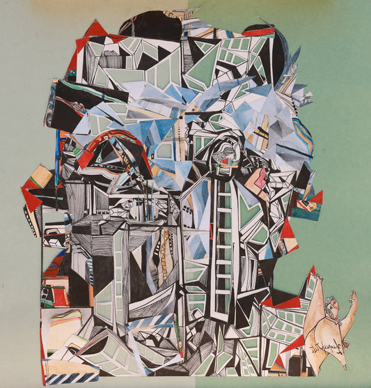 Abstract art piece with geometric shapes and a green background