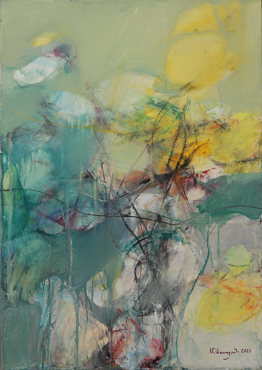 An abstract oil painting on canvas with predominantly green and yellow hues with expressive brush strokes.