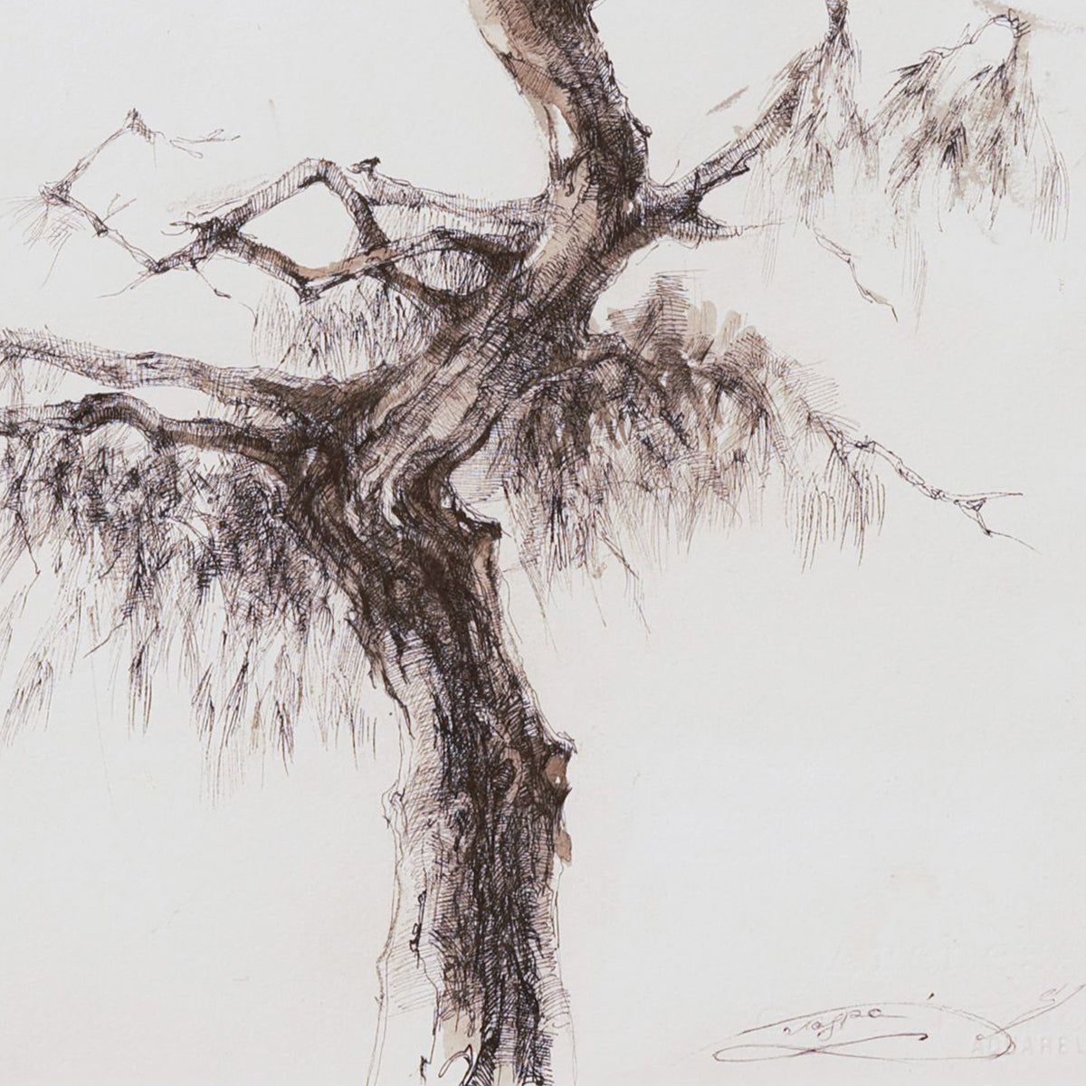 A detail shot of an artistic depiction of a tree with intricate branches on a light background