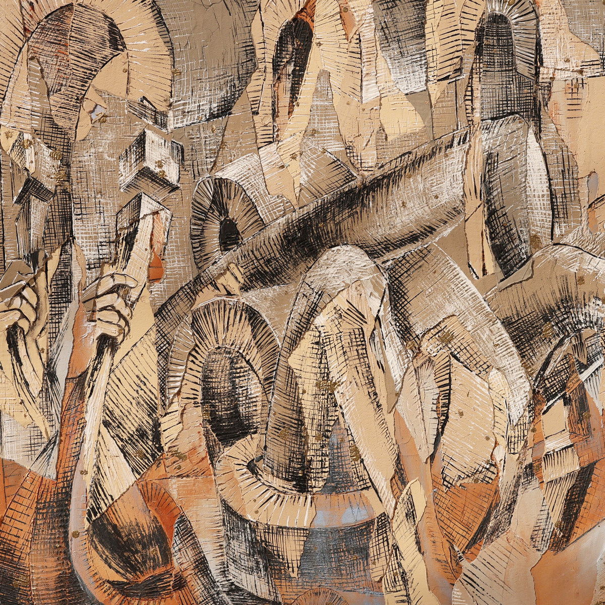 A detail shot of an abstract cubist-style painting in warm earth tones featuring layered, angular figures and musical elements intertwined in a dense, rhythmic composition. Rendered in textured shades of ochre, rust, and taupe, the fragmented forms and cross-hatched lines suggest musicians in motion, blending into a chaotic, almost architectural structure. The artwork evokes themes of jazz improvisation, urban tension, and visual rhythm through a modernist lens.