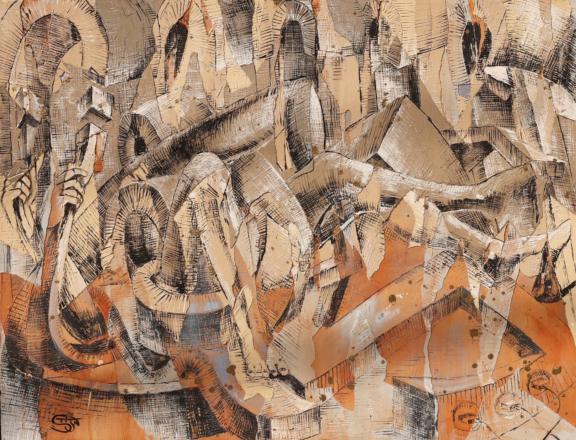 Abstract cubist-style painting in warm earth tones featuring layered, angular figures and musical elements intertwined in a dense, rhythmic composition. Rendered in textured shades of ochre, rust, and taupe, the fragmented forms and cross-hatched lines suggest musicians in motion, blending into a chaotic, almost architectural structure. The artwork evokes themes of jazz improvisation, urban tension, and visual rhythm through a modernist lens.