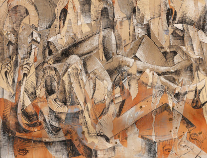 Abstract cubist-style painting in warm earth tones featuring layered, angular figures and musical elements intertwined in a dense, rhythmic composition. Rendered in textured shades of ochre, rust, and taupe, the fragmented forms and cross-hatched lines suggest musicians in motion, blending into a chaotic, almost architectural structure. The artwork evokes themes of jazz improvisation, urban tension, and visual rhythm through a modernist lens.