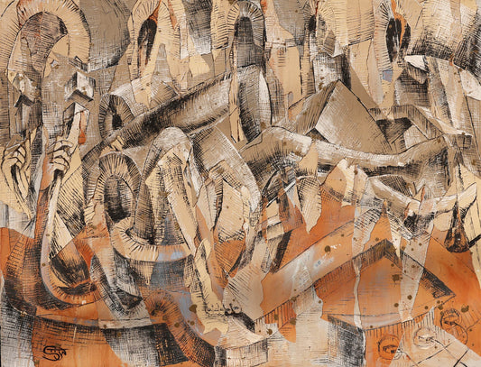 Abstract cubist-style painting in warm earth tones featuring layered, angular figures and musical elements intertwined in a dense, rhythmic composition. Rendered in textured shades of ochre, rust, and taupe, the fragmented forms and cross-hatched lines suggest musicians in motion, blending into a chaotic, almost architectural structure. The artwork evokes themes of jazz improvisation, urban tension, and visual rhythm through a modernist lens.