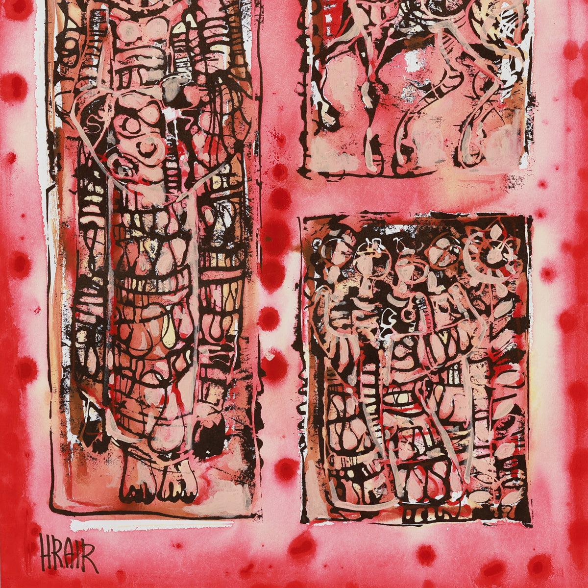 A detail shot of an artistic depiction of figures with intricate patterns on a pink background