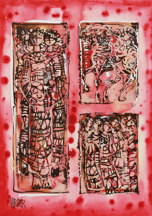 Artistic depiction of figures on a red background with abstract patterns