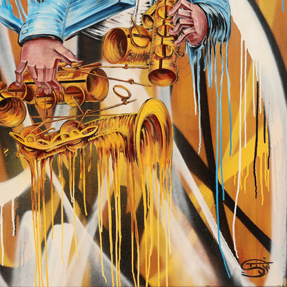 A detail shot of a surreal jazz painting of a faceless musician in a blue suit playing a golden saxophone, with abstract, geometric forms replacing the head and dripping paint adding motion and intensity. The artwork features bold strokes of blue, white, and ochre, blending graffiti-like energy with expressive surrealism. The fragmented saxophone and vibrant background evoke the chaotic rhythm and emotion of live jazz music.