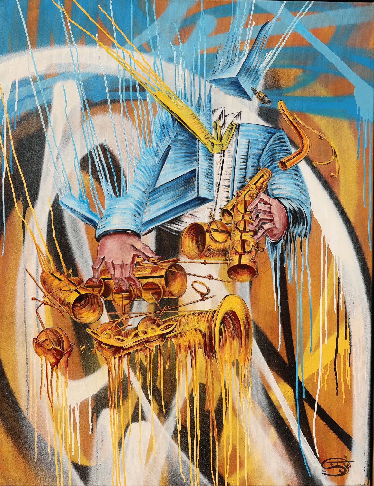 Surreal jazz painting of a faceless musician in a blue suit playing a golden saxophone, with abstract, geometric forms replacing the head and dripping paint adding motion and intensity. The artwork features bold strokes of blue, white, and ochre, blending graffiti-like energy with expressive surrealism. The fragmented saxophone and vibrant background evoke the chaotic rhythm and emotion of live jazz music.