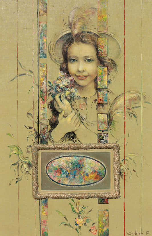 Artistic depiction of a young girl holding flowers with decorative elements and a signature at the bottom right corner.