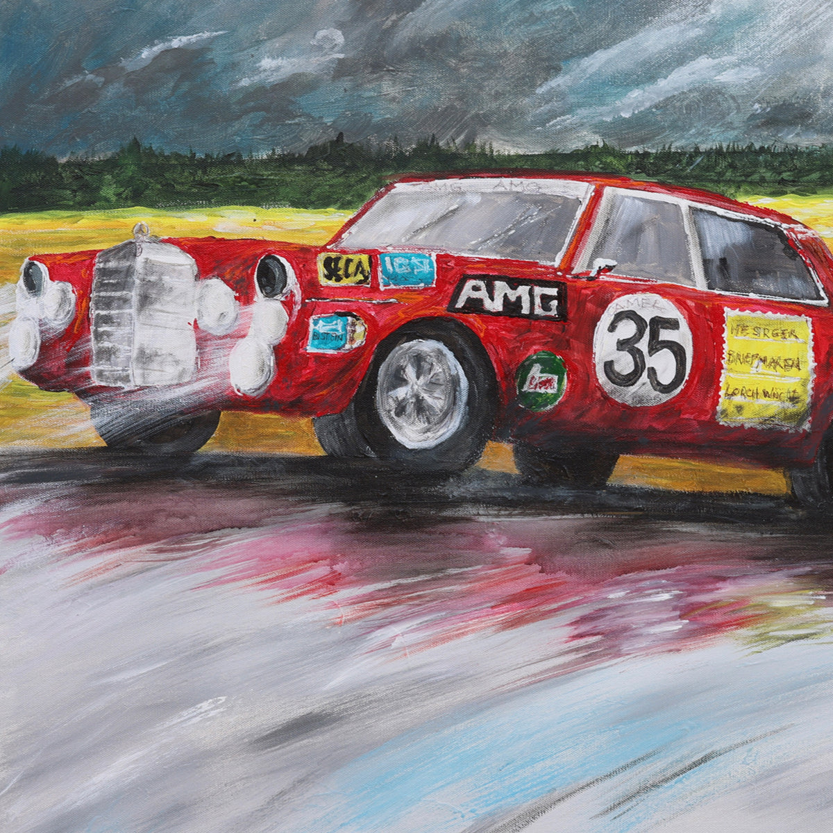 A detail shot of a Painting of a vintage red Mercedes-Benz AMG race car number 35 on a wet racetrack, with dramatic storm clouds overhead and two silver race cars trailing in the distance. The scene features reflective asphalt, lush green fields, and a moody sky, capturing high-speed motorsport action with a nostalgic, artistic touch.