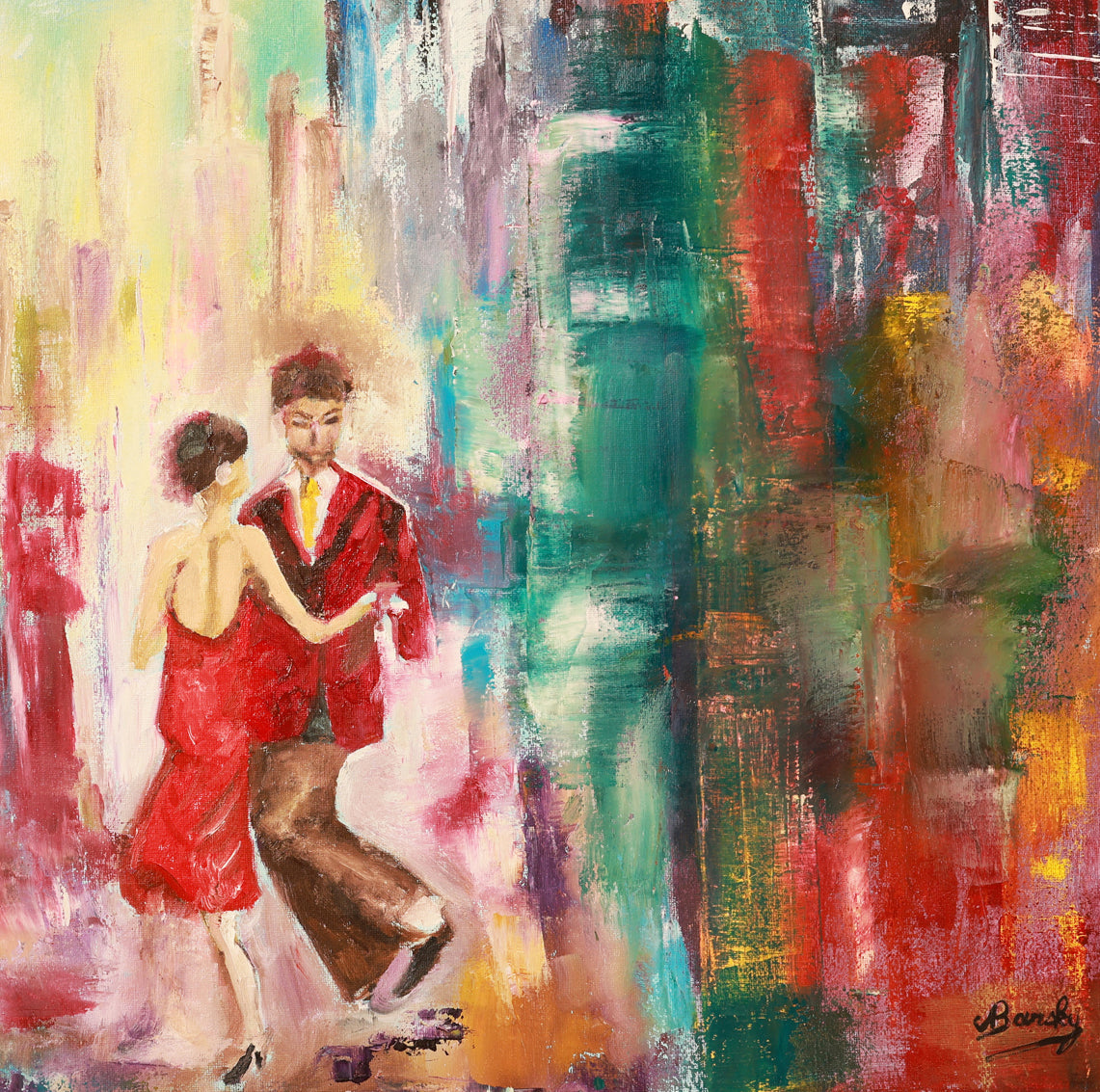 A detail shot of an abstract painting of a couple dancing in a cityscape
