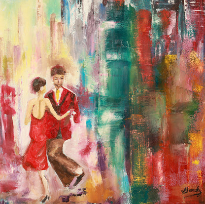 A detail shot of an abstract painting of a couple dancing in a cityscape