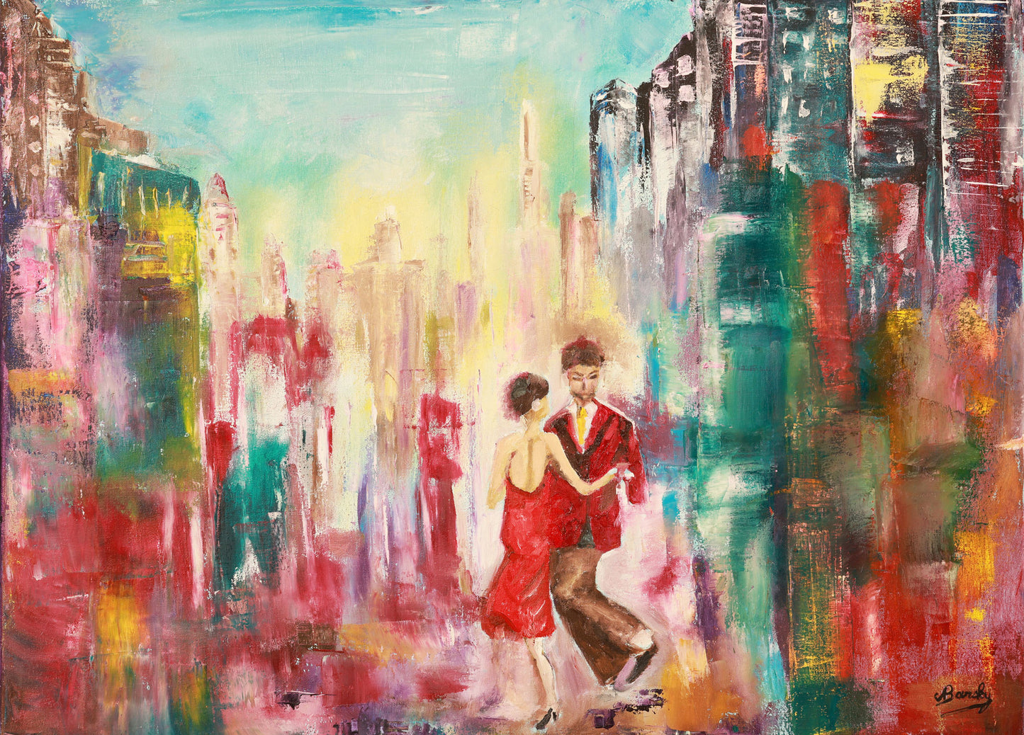 Abstract painting of a couple dancing in a cityscape