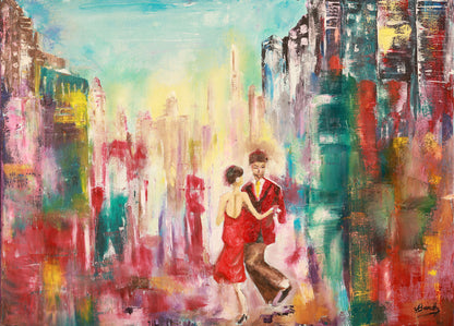 Abstract painting of a couple dancing in a cityscape