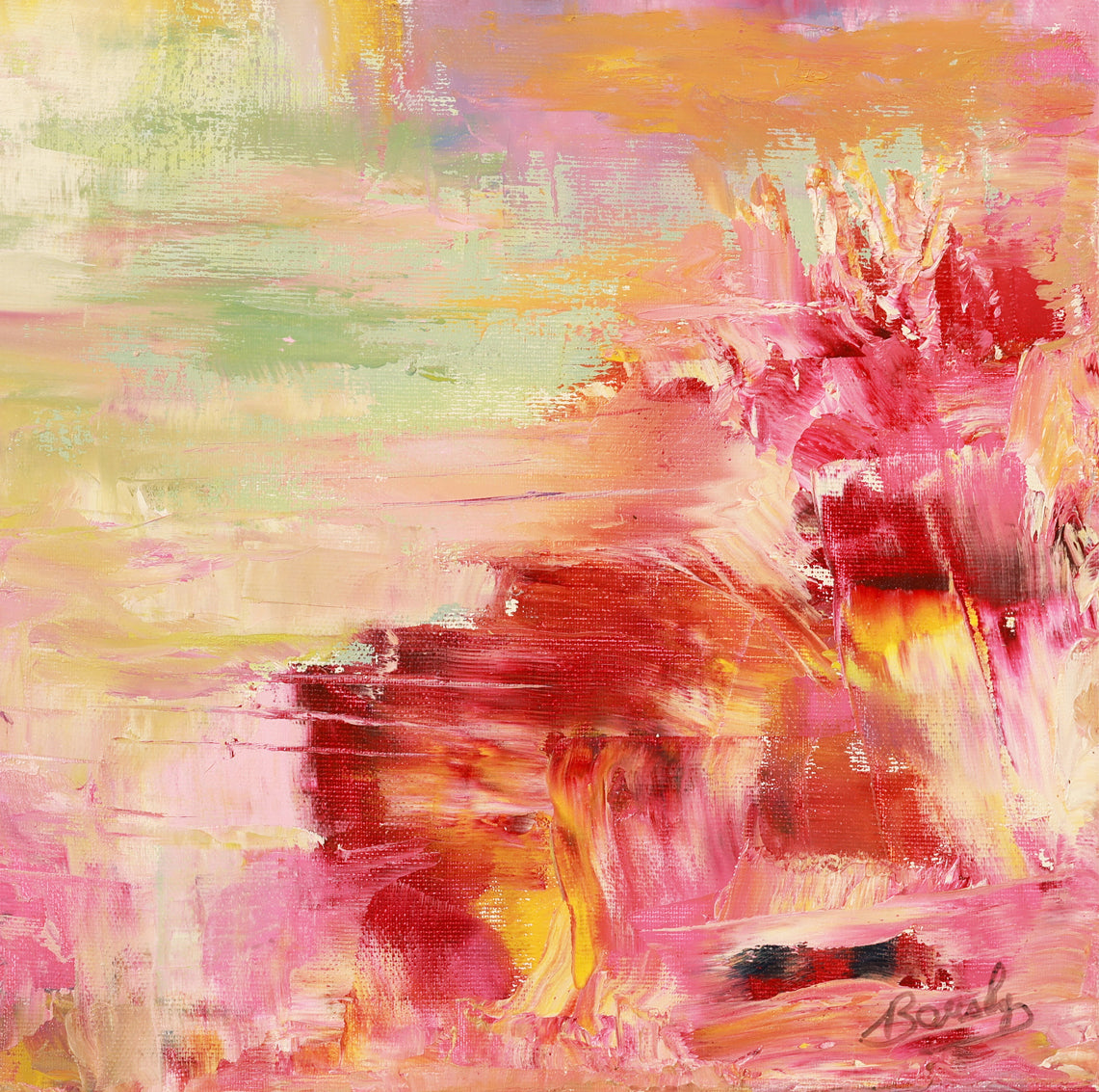 A detail shot of an abstract painting with vibrant colors and a rainbow over water