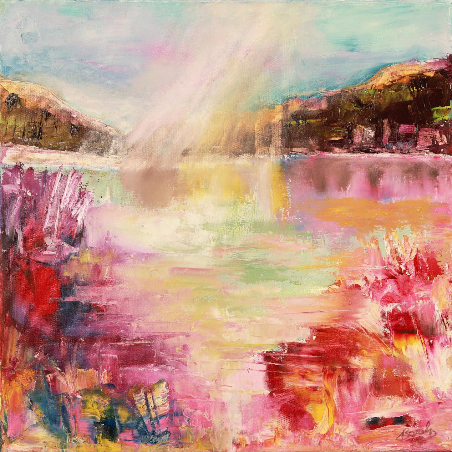 Abstract painting with vibrant colors and a rainbow over water