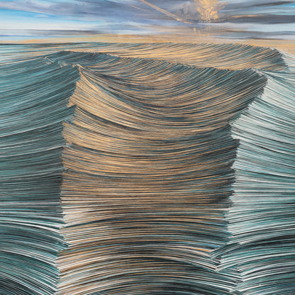 A detail shot of an abstract seascape painting depicting ocean waves made of layered pages of paper, rendered in sweeping linear brushstrokes with teal, gold, and copper tones. The textured waves flow toward a glowing horizon where a sunburst breaks through a moody sky. The composition evokes both the movement of water and the passage of time, blending literary symbolism with natural elements.