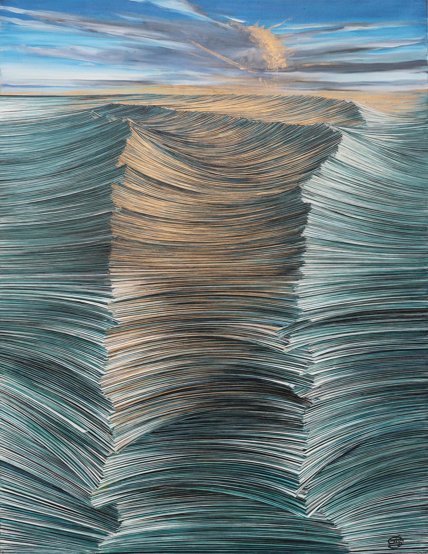 Abstract seascape painting depicting ocean waves made of layered pages of paper, rendered in sweeping linear brushstrokes with teal, gold, and copper tones. The textured waves flow toward a glowing horizon where a sunburst breaks through a moody sky. The composition evokes both the movement of water and the passage of time, blending literary symbolism with natural elements.
