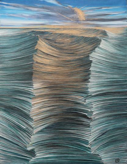 Abstract seascape painting depicting ocean waves made of layered pages of paper, rendered in sweeping linear brushstrokes with teal, gold, and copper tones. The textured waves flow toward a glowing horizon where a sunburst breaks through a moody sky. The composition evokes both the movement of water and the passage of time, blending literary symbolism with natural elements.